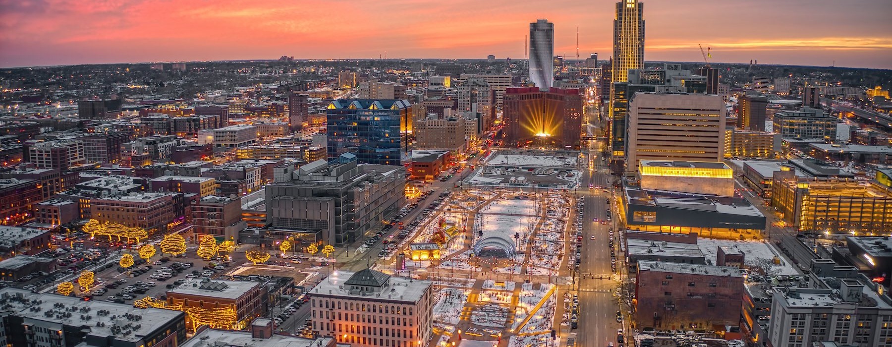 a city with a sunset